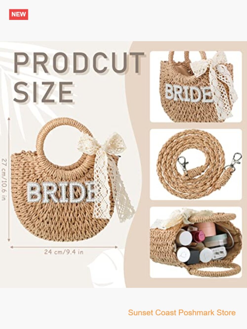 Straw Handwoven Pouch Tote Bride Gift Bag Rhinestone Letter - Picture 4 of 7